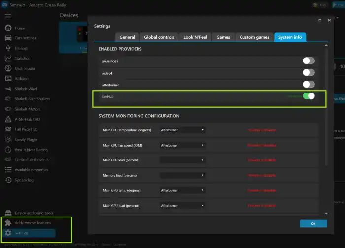 System info provider settings